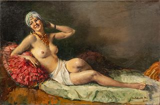 Miklos Mihalovits (Hungarian, 1888-60) Oil on Canvas, Ca. 1935, "Reclining Semi Nude Female", H 23.5" W 36"