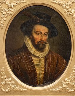 English Oil on Oak Panel, Ca. 1811, "Portrait of Sir Walter Raleigh", H 7.5" W 6.5"