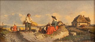 Tony-Francois De Bergue (French, 1820-1893) Oil on Canvas, 1845, "The Harvesters", H 6.25" W 13.75"