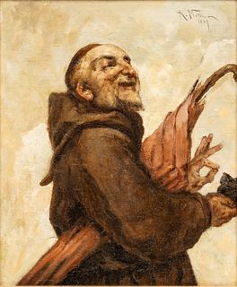 In the Manner of Francesco Netti (Italian, 1834-1894) Oil on Canvas, Ca. 1887, "Monk with Parasol And Pinch of Snuff", H 13" W 11"