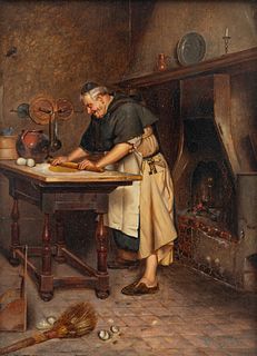 Pietro Lanzoni (Italian, 1827-1899) Oil on Beveled Mahogany Panel, "Monk Rolling Dough", H 14.5" W 10.75"