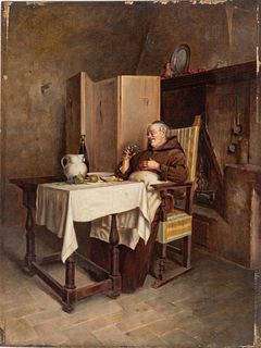 Pietro Lanzoni (Italian, 1827-1899) Oil on Beveled Mahogany Panel 1880-1890, a Monk's Repast, H 14.25" W 10.25"