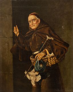 Italian Oil on Canvas, Ca. Late 19th C., "Monk with Dinner in a Basket", H 20" W 16"