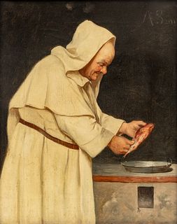 Alessandro Sani (Italian, 1856-1927) Oil on Canvas, "Monk Preparing Dinner", H 14.5" W 11.5"