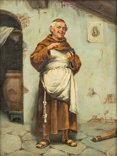 Amelio Schwicker (Italian, 19th/20th C.) Oil on Canvas, Ca. Early 20th C., "Monk with a Pinch of Snuff", H 15.75" W 11.75"