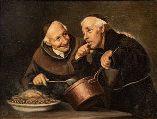 Italian Oil on Canvas, Ca. 19th.c., "That Tastes Good" Two Monks, H 11.5" W 15"