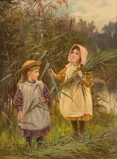 William G. Hooper (English, Fl. 1870-1913) Oil on Canvas, "Two Children Gathering Reeds", H 12" W 9"