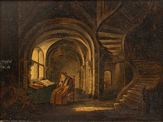 After Salomon Koninck (Dutch, 1609-1656) Oil on Beveled Panel, 19th C., "Philosopher with an Open Book", H 9.25" W 12"