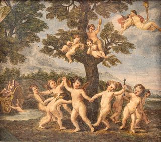 After Francesco Albani (Italian) Oil on Paper on Cardboard 18th C., "The Dance of the Cupids", H 6.25" W 6.25"