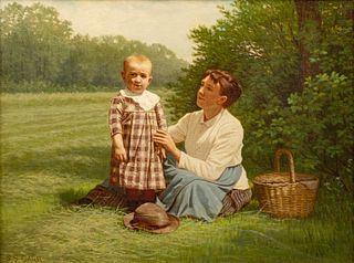 Samuel S. Carr (American, 1837-1908) Oil on Canvas, "Picnic with Mother And Child", H 12" W 16"