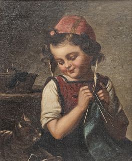 Italian Oil on Canvas, Knitting Girl with Cat, Ca. 19th C., H 12.5" W 10.5"