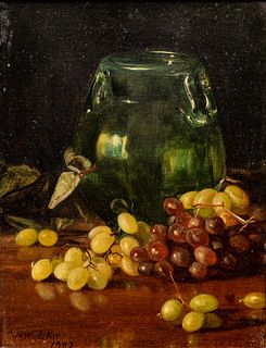 Adam Lehr (American/Ohio, 1853-1924) Oil on Canvas, 1902, "Still Life with Grapes", H 17" W 13.5"
