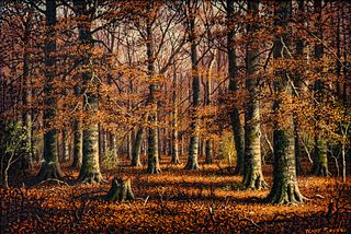 William McKendree Snyder (American/Indiana, 1848-1930) Oil on Canvas, "Birch Grove, Autumn", H 12" W 18"
