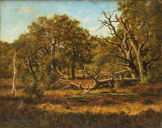 Leon Richet (French, 1847-1907) Oil on Cradled Mahogany Panel, "Wooded Landscape", H 13" W 16"
