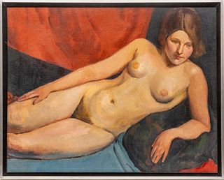 Attributed to Bernard Karfiol (Hungary-Amer., 1886-52) Oil on Canvas Mounted to Board, Ca. 1930s, "Reclining Female", H 32" W 29.25"