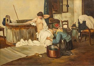 John Califano (Italian-Amer., 1862-46) Oil on Canvas Mounted to Board, "La Toilette", H 25" W 35"