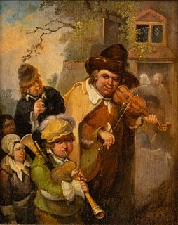 After Christian Wilhelm Ernst Dietrich (German, 1712-1774) Oil on Panel, Ca. 19th C., "The Wandering Musicians", H 8.5" W 6.75"