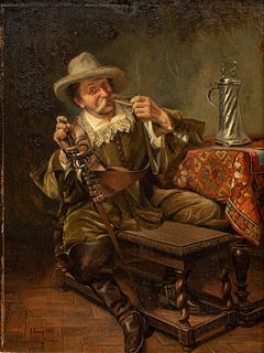 August Hermann Knoop (German, 1856-1919) Oil on Beveled Mahogany Panel, Ca. 1890, "Cavalier Smoking a Pipe", H 9.75" W 7.25"
