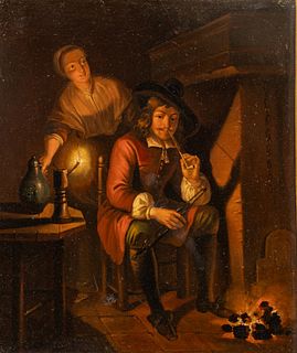 After Gabriel Metsu (Dutch, 1629-1667) Oil on Tin, Ca. 19th C., "The Smoker at the Fireside", H 11.75" W 10"