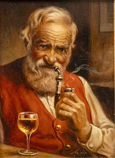 Mulzer (German, 20th C.) Oil on Board, "Elder with a Pipe", H 9" W 6.5"