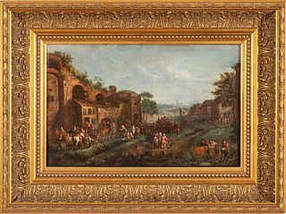 A.L. Verspuy, (Flemish) Oil on Canvas, Ca. 18th C., "Village Market Day", H 12" W 19.25"