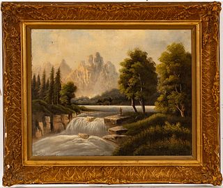 Signed American Oil on Canvas Ca. 19th.c., "Landscape with Waterfall", H 21" W 26"
