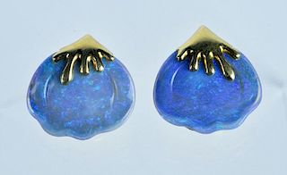 18kt Gold & Blue Art Glass Clip Earrings