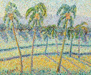 Ginicio P., Pointillist Oil on Canvas Mounted to Masonite, Tropical Landscape with Palm Trees, H 20" W 24"