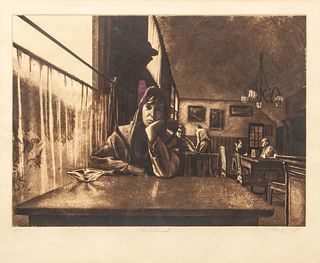 Harry McCormick (American, B. 1942) Aquatint Etching on Paper, "The Resturant", H 13.75" W 21.25"