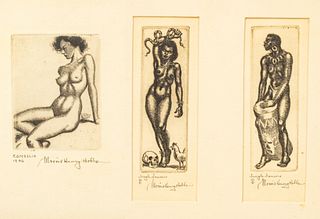 Morris Henry Hobbs (American, 1892-1967) Etchings on Paper 1946, "Camellia; Jungle Dancers", Group of Three Prints H 2" W 1.75"