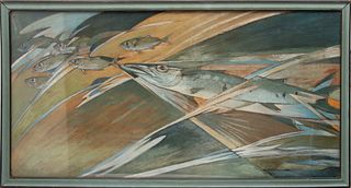 Stephen Haweis (British, 1878-1969) Pastel on Paper, 1920, "Barracuda Breaching a Wave", H 22.5" W 44.5"