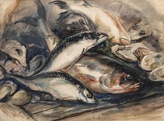 Henry George Keller (American, 1870-1949) Watercolor on Paper, Ca. 20th C., "Still Life of Fish", H 19.5" W 26.5"