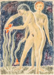 Walter Charles Klett (American, 1897-1966) Watercolor on Paper 1935, "Nudes Picking Irises", H 14.75" W 12"