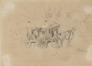 Attributed to John Marin (American, 1870-1953) Charcoal And Pastel on Paper, Ca. 1905, "Sketch of Horse And Carriage", H 8.75" W 12.75"
