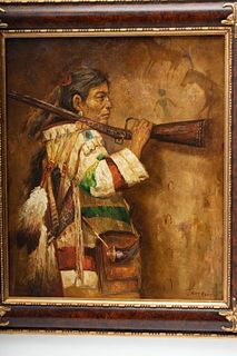 Troy Denton (American, B. 1949) Oil on Canvas, "Native American with a Rifle", H 24" W 20"