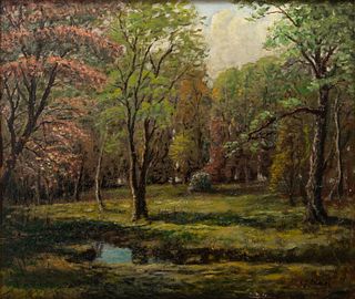C J Phillips, Oil on Artist Board, Ca. Later 20th C., "Forest Scene", H 22" W 27"