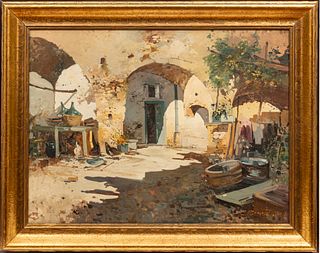 Ezelino Briante (Italian, 1901-1971) Oil on Canvas, "Italian Courtyard", H 23.5" W 35"
