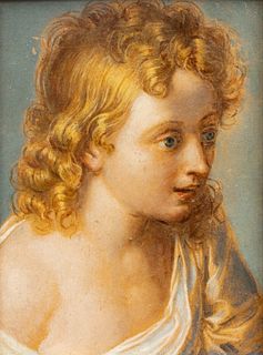 Italian Old Master Style Oil on Beveled Wood Panel Ca. 1900, "Portrait of a Boy", H 5" W 3.75"