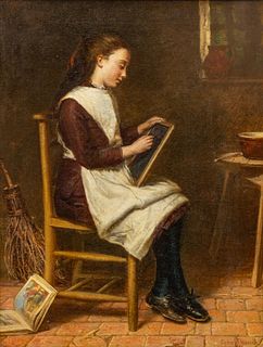 SYDNEY SPRAGUE MORRISH (British, 1852-1894) Oil on Canvas, 1880, "Homework", H 19" W 15.5"
