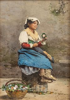 Guerrino Guardabassi (Italian, 1841-1893) Watercolor on Paper, "Flower Vendor", H 8.5" W 6"