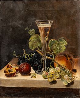 American Oil on Canvas, Ca. 1880, "Still Life of Fruit in the Dutch Manner", H 14" W 11.5"