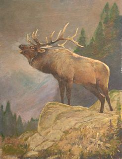 After Philip Russell Goodwin (American, 1881-1935) Oil on Canvas, Ca. Mid 20th C., "Bugling Elk", H 24" W 18"