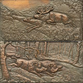 Pair of Patinated Copper Plaques Ca. Early 20th C., "Forest Wildlife", H 8.5" W 17.5" 2 pcs
