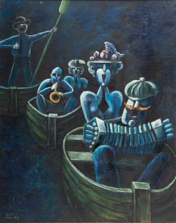 R.F.P Oil on Canvas,  1965, "Musicians in Boats", H 30" W 24"