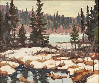 William Parsons (Canadian, 1909-1982) Oil on Artist Board, Ca. 1950-1970, "Spruce Lined Lake Algonquin Park, April", H 12" W 14"