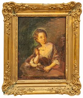 Unsigned Oil on Beveled Mahogany Panel, Ca. 19th C., Woman with Sugar Spoon, H 13" W 10"