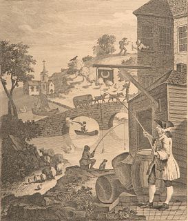 William Hogarth (English, 1679-1764) Steel Engraving on Paper, Ca. 19th C., "False Perspective", H 8.75" W 7.12"