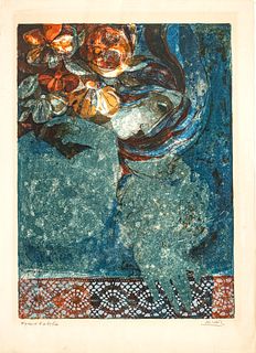 Alvar (Spanish, B. 1935) Lithograph in Colors on Wove Paper, "Woman with Flowers in Her Hair"