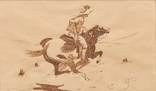 American Pen Sketch on Paper, Ca. Early 20th C., "Cowboy on Horseback Drawing His Pistol", H 12" W 19.75"