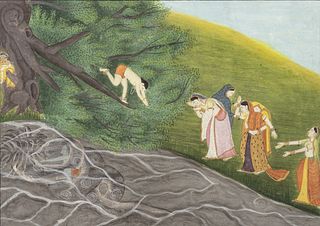 Indian Watercolor And Gouache on Paper, "Krishna And Kaliya at the Yamuna River", H 7.5" W 10.5"
